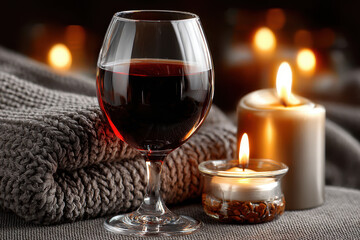 Evening relaxation with a glass of red wine and candlelight on a cozy blanket