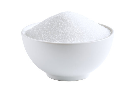 Bowl of white sugar isolated on transparent background for baking ingredient