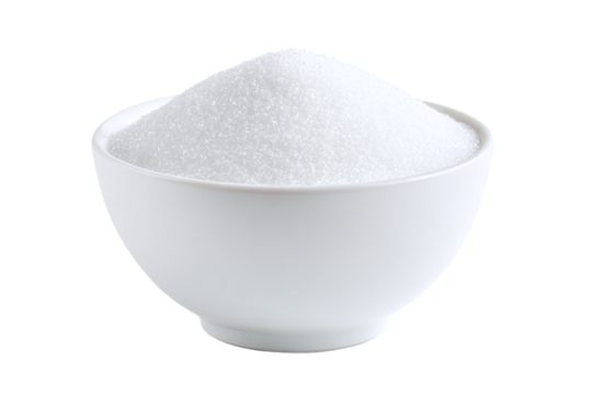 Bowl of white sugar isolated on transparent background for baking ingredient