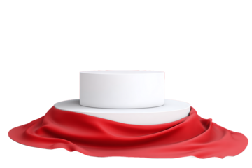Isolated on transparent background, a white podium with a red draped cloth