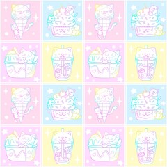 Kawaii Cats & Sweets Seamless Pattern set 06