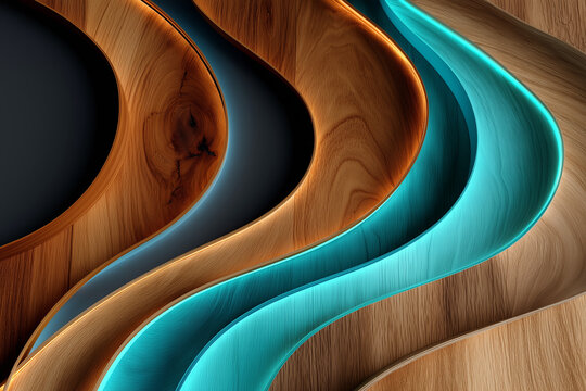Overlapping rounded wooden panels in warm walnut and oak tones with glowing cyan neon edges, dark background, ultra-realistic 3D abstract wall, modern luxury wallpaper, - Powered by Adobe