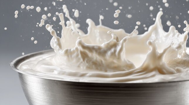 In a bright kitchen, milk erupts from a silver bowl, creating splashes and droplets mid-air. The scene captures the excitement of a cooking process, emphasizing texture and motion.