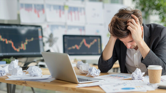 Stressed American businessman crying at desk with flying papers and financial charts, bankrupt professional holding head, stock market crisis concept with crumpled paper and messy office