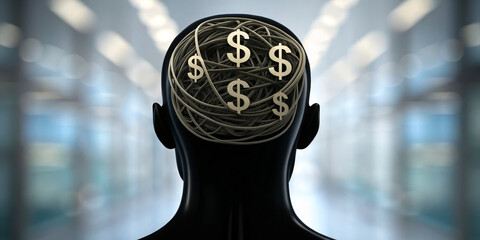 Money mindset human silhouette brain concept dollar symbol tangled wire finance thought psychology wealth idea abstract art blurred hallway create focused, introspective mood about money