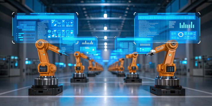 Robotic arm industrial robot factory automation smart manufacturing blue hologram digital interface assembly line machine vision precision engineering futuristic technology pulse - Powered by Adobe