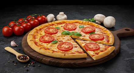 Delicious homemade pizza with tomatoes basil and fresh ingredients