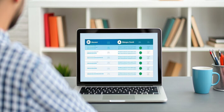 Man laptop online insurance website dashboard premium policy comparison finance calm work scene of man laptop online insurance website dashboard premium policy comparison finance, bright home
