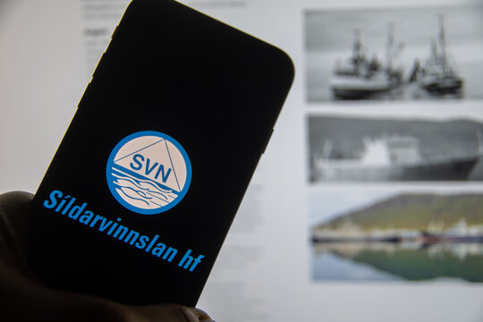 Rheinbach, Germany  28 September 2025,  The brand logo of the Icelandic company "Sildarvinnslan hf" on the display of a smartphone in front of the website (focus on the brand logo)
