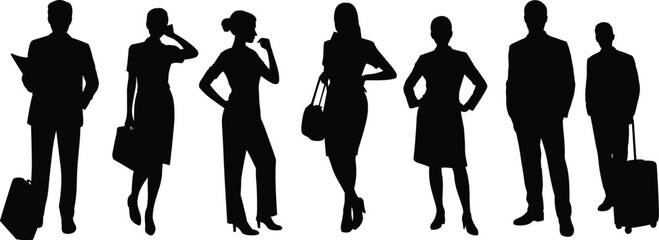 Silhouette business people standing, professional men and women posing, office workers illustration, corporate team concept, modern workforce depiction