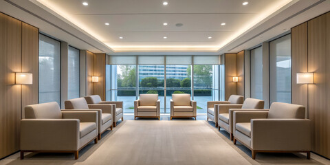Calm waiting room modern lounge soft light beige chair wood panel large window carpet floor minimal design symmetry quiet atmosphere welcome calm visitors in bright orderly healthcare lobby