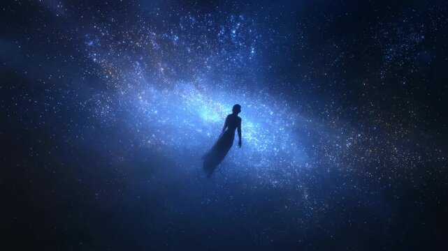 Silhouette of woman floating in cosmic starfield