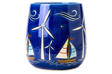 Handmade blue ceramic mug with a rustic texture isolated with transparent background