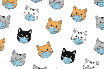 Obraz premium cat masked faces seamless vector pattern medical facemask illustration