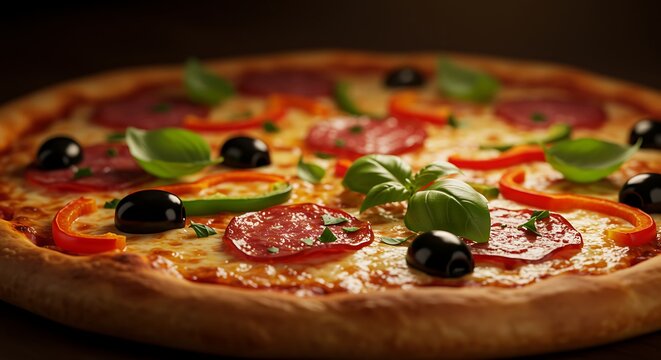 Delicious salami pizza with fresh basil leaves and colorful toppings