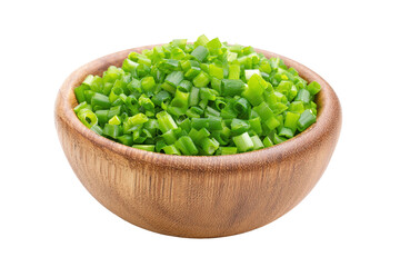 Freshly chopped green onions in a wooden bowl isolated on a transparent background