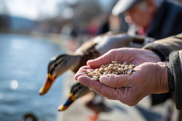 close-up seniors feeding ducks at park, hands holding seeds, sunlight reflections on water, 