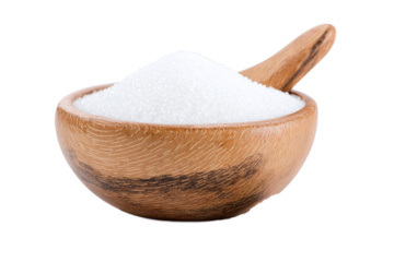 Wooden bowl filled with white sugar isolated on transparent background