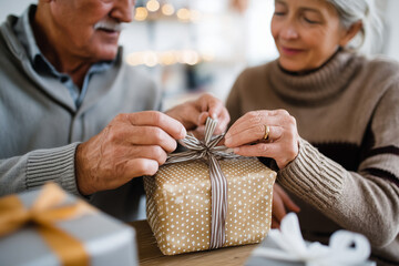 close-up senior couple wrapping gifts together during holidays, ribbons and bows, warm festive light, 