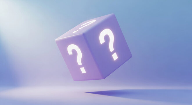 Render of a lilac cube with question mark, floating. It symbolizes mystery, question, confusion, investigation and uncertainty, appropriate for problem concepts