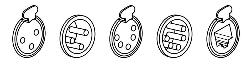 Minimalistic black-and-white line icons of various circular electrical connectors in isometric style. Clean technical symbols suitable for interface design, diagrams, manuals and engineering 