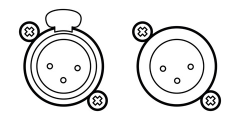 Line-art illustration of 3-pin XLR connectors, showing front views with clean outlines. Technical drawing style suitable for audio equipment manuals, schematics, and professional sound system designs.
