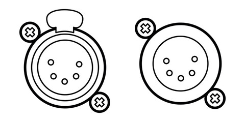 Line-art illustration of 5-pin XLR connectors, showing front views with clean outlines. Technical drawing style suitable for audio equipment manuals, schematics, and professional sound system designs.