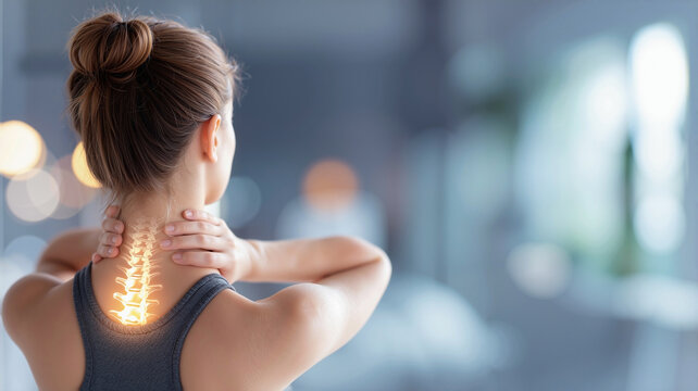 Medical visualization of woman suffering neck pain with glowing spine and muscle anatomy, healthcare concept with blurred background focusing on skeletal structure