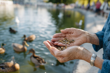 close-up seniors feeding ducks at park, hands holding seeds, sunlight reflections on water,