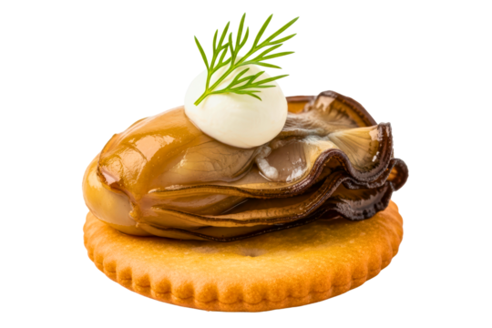 Smoked oyster canape on a cracker with cream and fresh dill isolated with transparent background