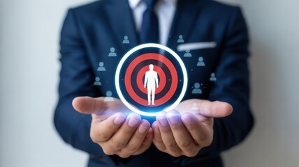 Business person holding a target icon with people icon represent of goal. A metaphor for the business target audience.