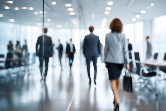 Anonymous figures in professional attire with defocused bodies and clear modern boardroom design visible, with copy space