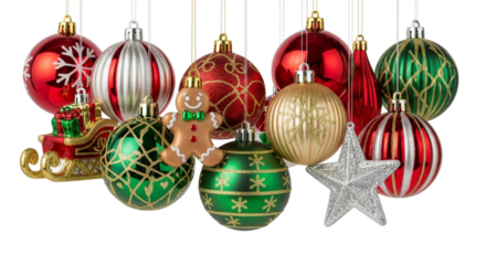 Christmas ornaments with gingerbread man isolated on transparent background