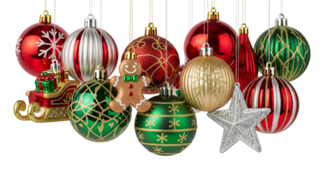 Christmas ornaments with gingerbread man isolated on transparent background