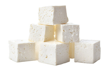 Pile of feta cheese cubes isolated on transparent background, a traditional cheese