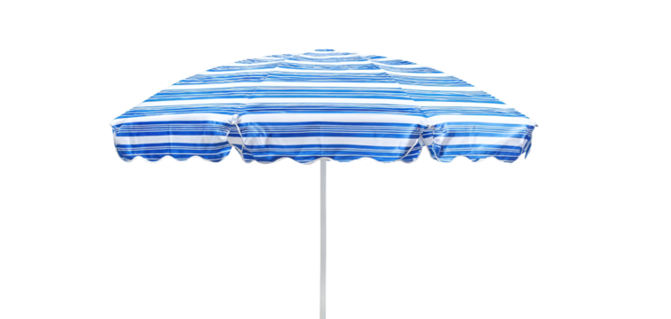 Blue and white striped beach umbrella isolated on transparent background, summer vibe