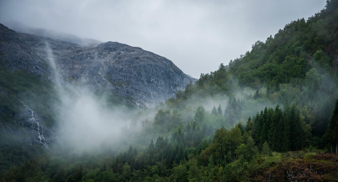Beautiful foggy autumn mountains near Stalheim, Norway