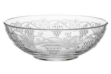Glass salad bowl with an abstract etched geometric pattern isolated with transparent background