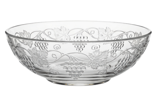Glass salad bowl with an abstract etched geometric pattern isolated with transparent background