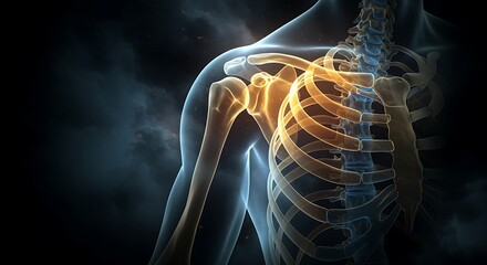 Human anatomy with shoulder joint highlighted showcasing skeletal structure and body