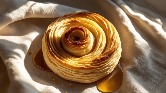Golden spiral laminated pastry, a sweet dessert, glazed with glistening syrup, on light textured fabric with warm sunlight. - Powered by Adobe