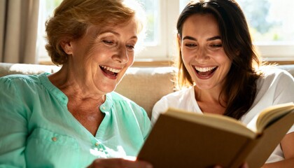 Happy senior mother and adult daughter laughing while reading a book together on a couch. Family bonding and quality time at home