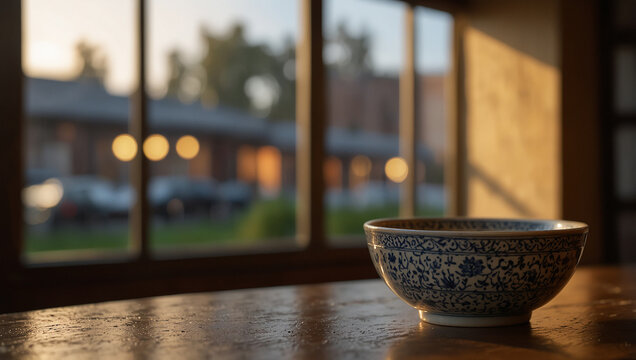 Cozy, warm photo of a traditional deep porcelain bowl of steaming hot Sorpa (broth) with a small stack of golden Baursaks next to it.. Created using generative AI tools