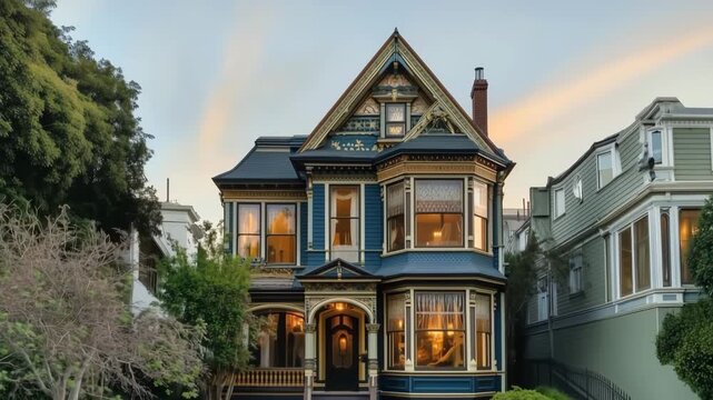 A beautifully restored Victorian Queen Anne house with intricate architectural details, surrounded by greenery and bathed in warm evening light