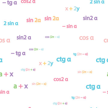 Seamless pattern with mathematical formulas and numbers. Algebra and geometry, calculations tangent, cotangent, sine, cosine.