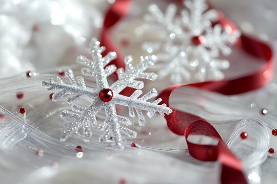 Glittery snowflake ornaments paired with tiny red beads and curled ribbon strips 