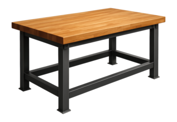 Heavy-duty workbench with a butcher block top and steel frame for kitchen workshops.