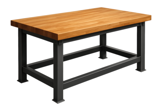 Heavy-duty workbench with a butcher block top and steel frame for kitchen workshops.