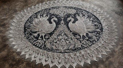 Detailed peacock artwork adorns a dark surface highlighting exquisite craftsmanship and culture.