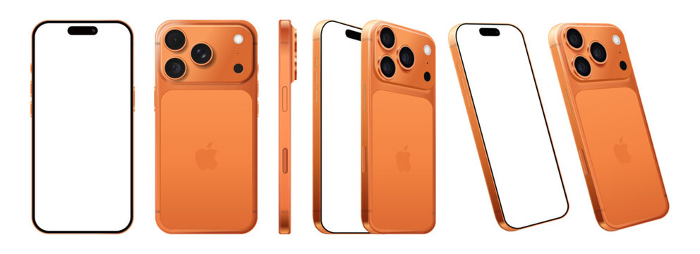 Set of Smart phone Apple iPhone 17 Pro Max in different sides, in official Cosmic Orange